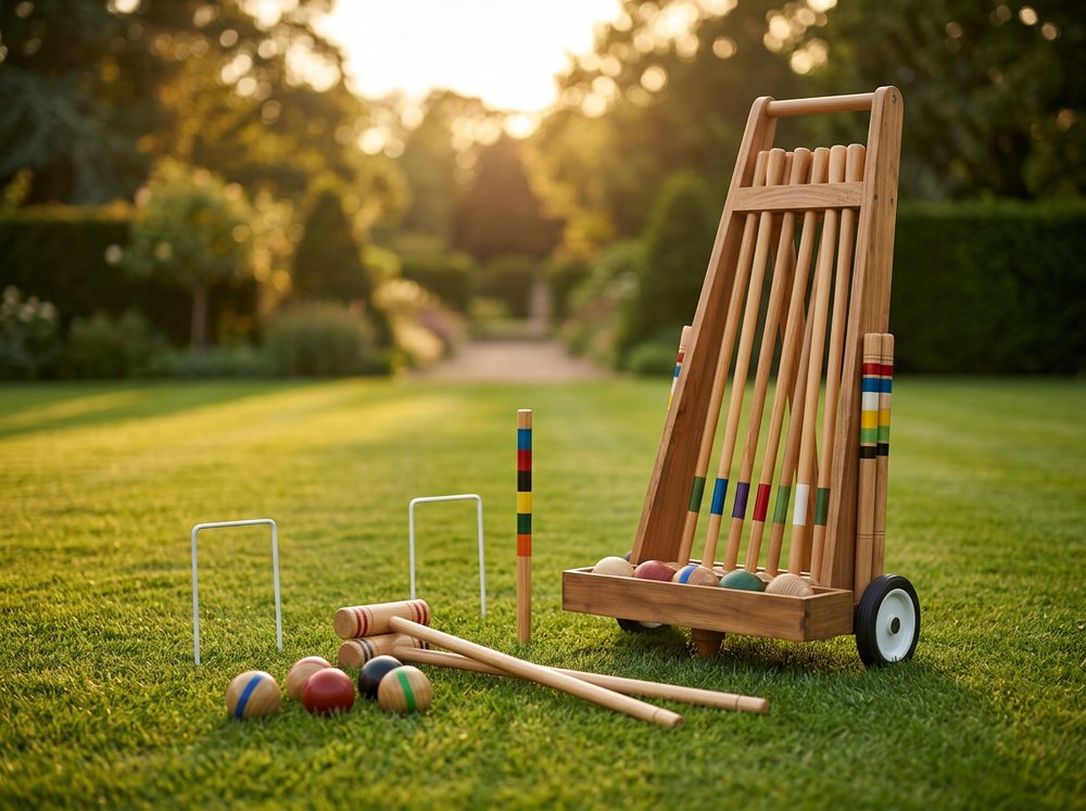 Juego de croquet profesional Zuliger con su carro de madera sobre el pasto al atardecer